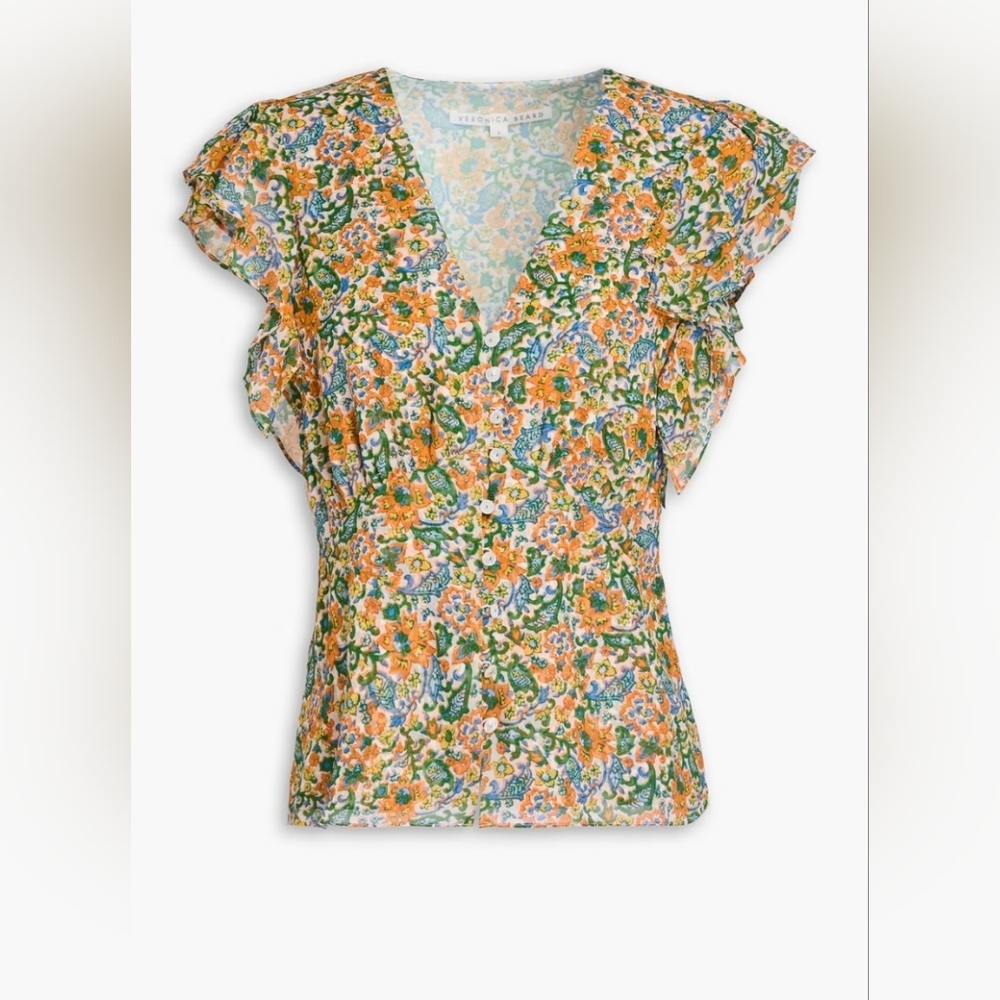 Veronica Beard Cream Ruffled Fitted Blouse